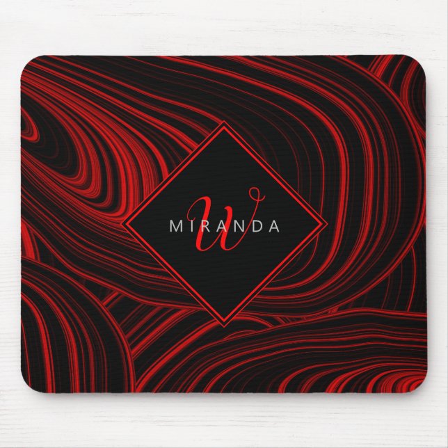 Stylish Black Red Monogrammed Abstract Pattern Mouse Mat (Front)