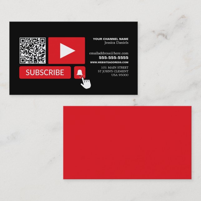 Stylish Black & Red - QR Code, Youtube - Vlogger Business Card (Front/Back)
