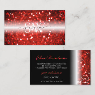 Stylish Black Red Sparkle Glitter Initials Modern Business Card