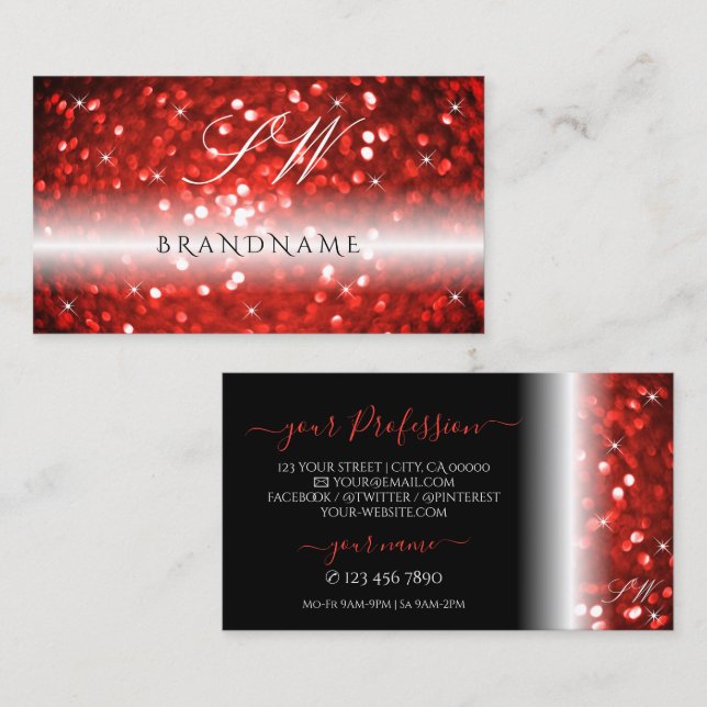 Stylish Black Red Sparkle Glitter Monogram Modern Business Card (Front/Back)