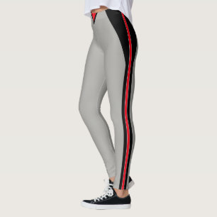 Stylish Black & Red Striped on Light Silver Grey Leggings