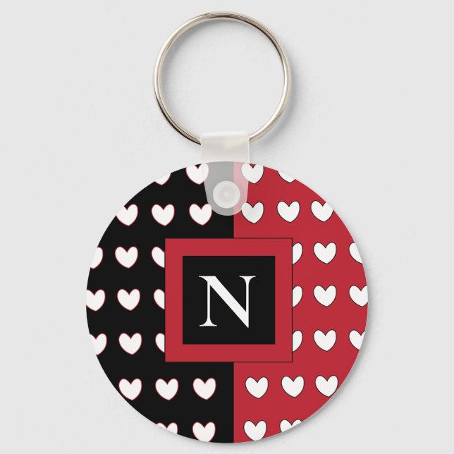 Stylish Black Red White Hearts Monogram Key Ring (Front)