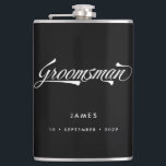 Stylish Black Retro Typography Groomsmen Wedding Hip Flask<br><div class="desc">This personalised flask makes a stylish vintage inspired groomsmen gift. Funky retro inspired font in white on black background and your name and date of choice! Want more wedding items in this style? Drop me a message!</div>