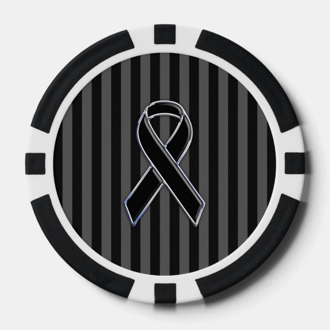 Stylish Black Ribbon Awareness Vertical Stripes Poker Chips (Front)