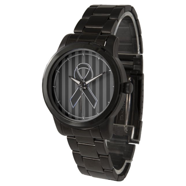 Stylish Black Ribbon Awareness Vertical Stripes Watch (Angled)