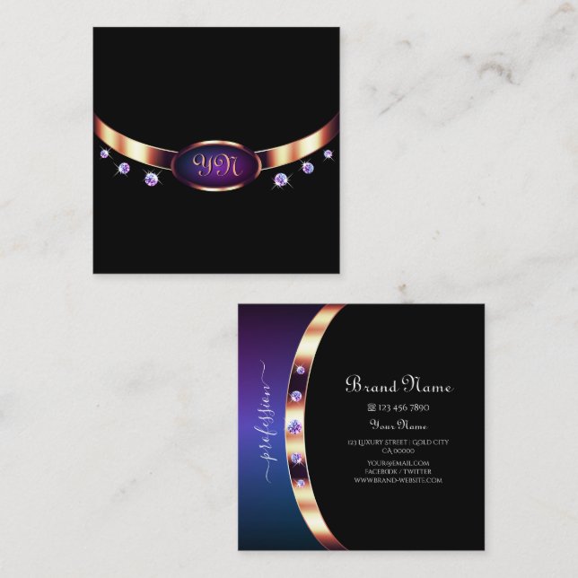 Stylish Black Rose Gold and Purple with Initials Square Business Card (Front/Back)