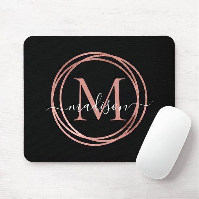 Stylish Black Rose Gold Blush Pink Monogram Circle Mouse Mat (With Mouse)