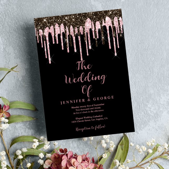 Stylish black rose gold glitter drips wedding invitation (Stylish black rose gold glitter drips wedding)