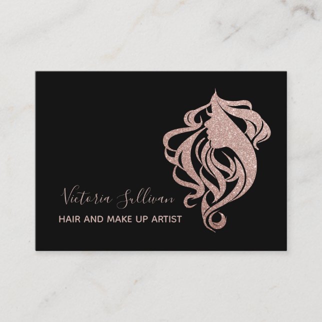 Stylish Black Rose Gold Glitter Makeup Artist Hair Business Card (Front)