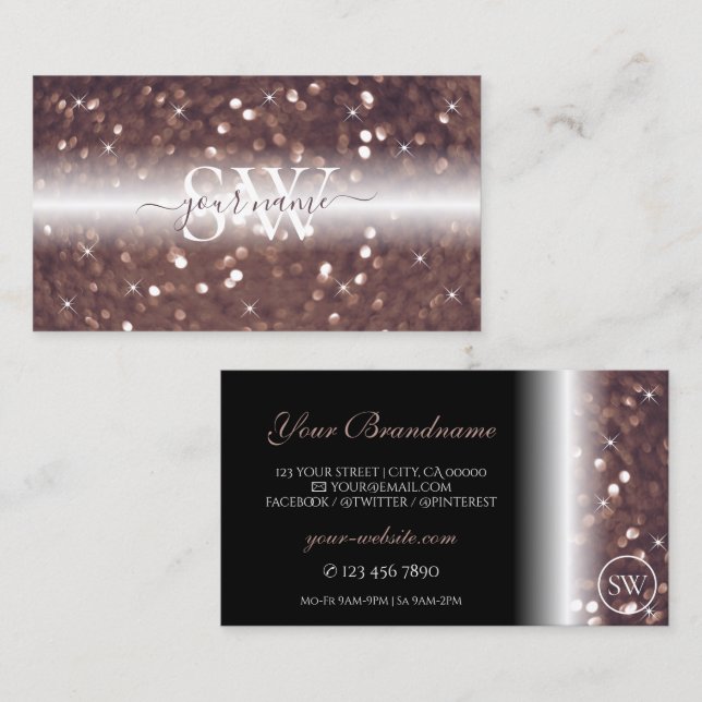Stylish Black Rose Gold Sparkling Glitter Initials Business Card (Front/Back)