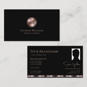 Stylish Black Rose Gold with Logo and Photo Modern Business Card