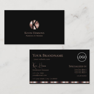 Stylish Black Rose Gold with Monogram and Logo Business Card