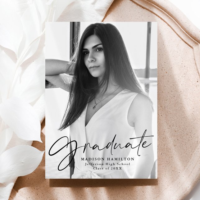 Stylish Black Script Photo Graduation Announcement (Creator Uploaded)