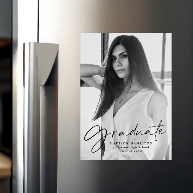 Stylish Black Script Photo Graduation Magnetic Invitation (Creator Uploaded)