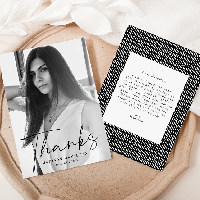 Stylish Black Script Photo Graduation Thank You Card (Creator Uploaded)