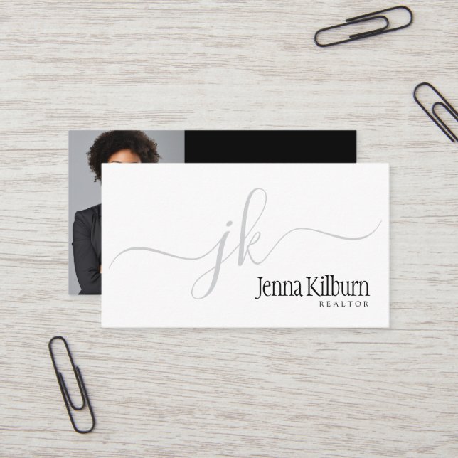 Stylish Black Script Realtor  Business Card (Front/Back In Situ)