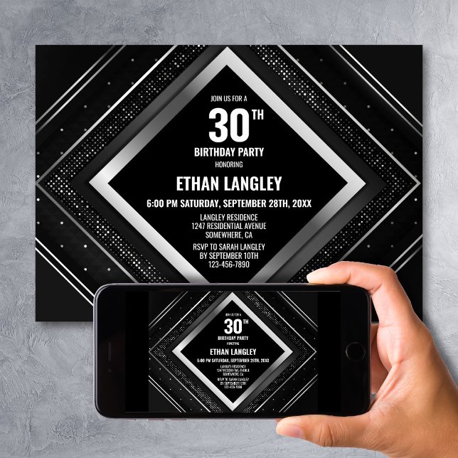 Stylish Black Silver 30th Birthday Party Invitation (Creator Uploaded)