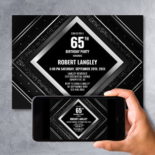 Stylish Black Silver 65th Birthday Party Invitation