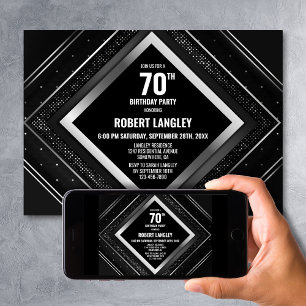 Stylish Black Silver 70th Birthday Party Invitation
