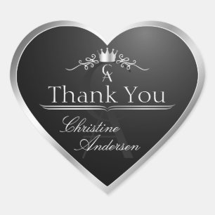Stylish Black Silver Frame and Monogram Thank You Heart Sticker