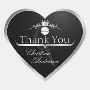 Stylish Black Silver Frame Logo Monogram Thank You Heart Sticker
