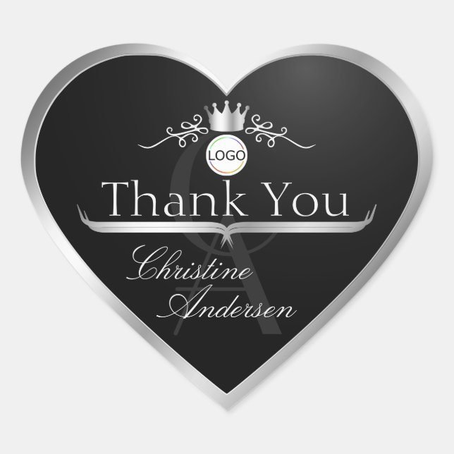 Stylish Black Silver Frame Logo Monogram Thank You Heart Sticker (Front)
