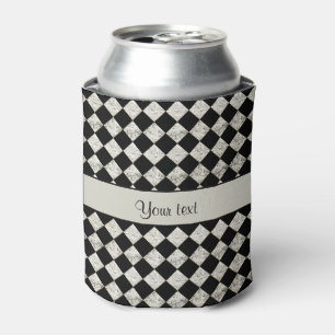Stylish Black & Silver Glitter Checkers Can Cooler