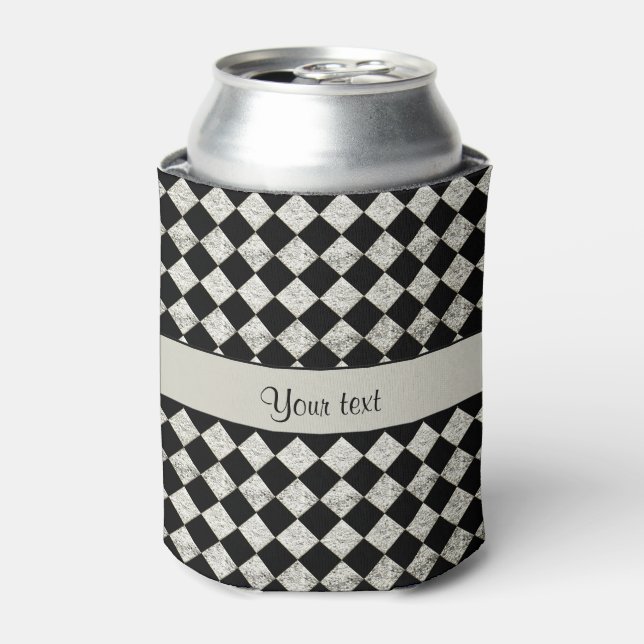 Stylish Black & Silver Glitter Checkers Can Cooler (Can Front)