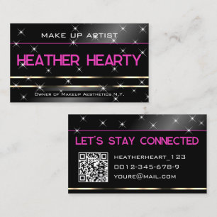 Stylish Black Silver Gold Glitter Stars QR Code Business Card