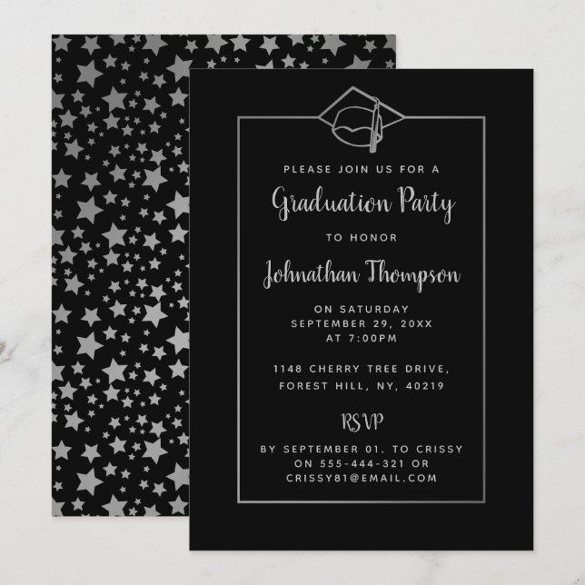 Stylish Black & Silver Graduation Party Invitation (Front/Back)