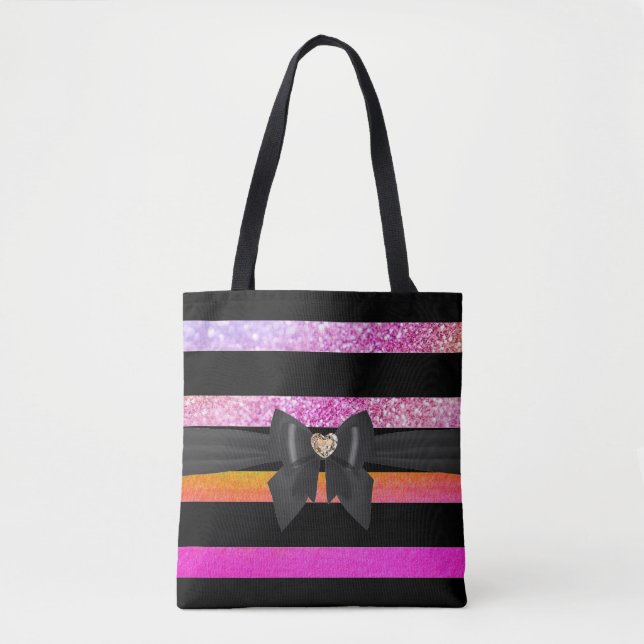 Stylish Black Striped Pink Glittery Shades Bow  Tote Bag (Front)