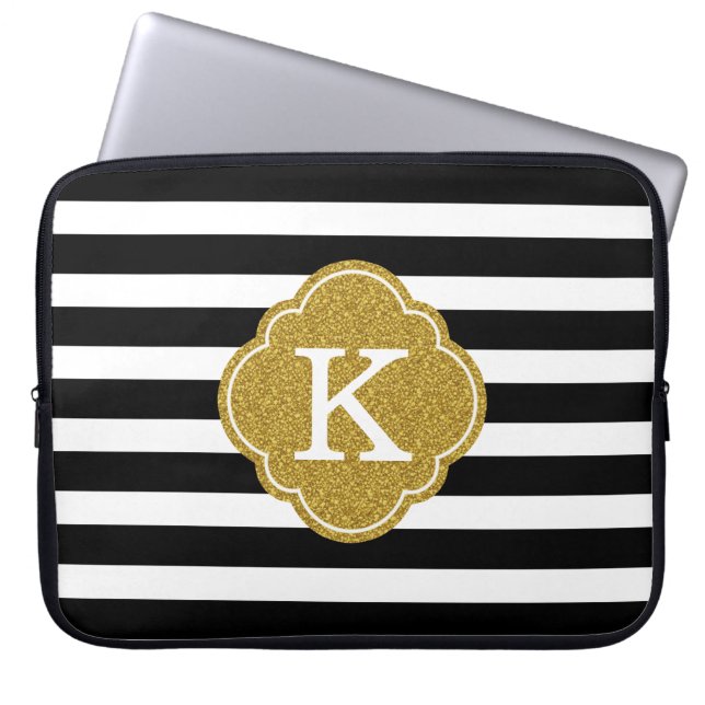 Stylish Black Stripes Gold Monogram Laptop Sleeve (Front)