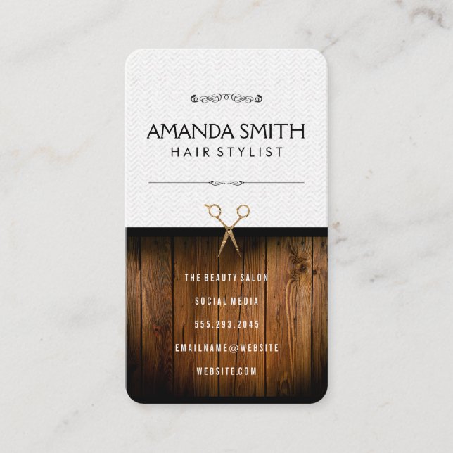 Stylish Black Subtle Wavy | Wood Salon Scissors Business Card (Front)