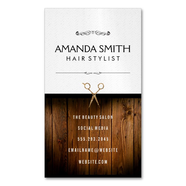 Stylish Black Subtle Wavy | Wood Salon Scissors Magnetic Business Card (Front Vertical)