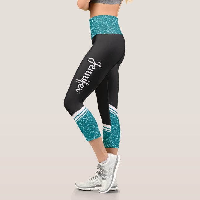 Stylish black teal blue floral white stripe & name capri leggings (Left)