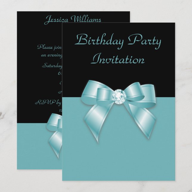 Stylish Black & Teal Diamond Bow Birthday Invitation (Front/Back)