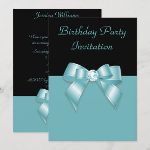 Stylish Black & Teal Diamond Bow Birthday Invitation