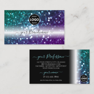 Stylish Black Teal Purple Sparkle Glitter Add Logo Business Card