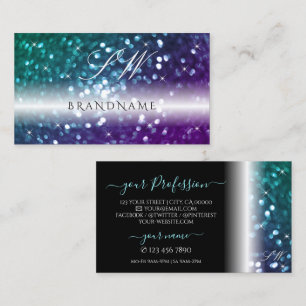 Stylish Black Teal Purple Sparkle Glitter Initials Business Card