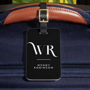 Stylish Black Two Ornament Monogram Initial Luggage Tag