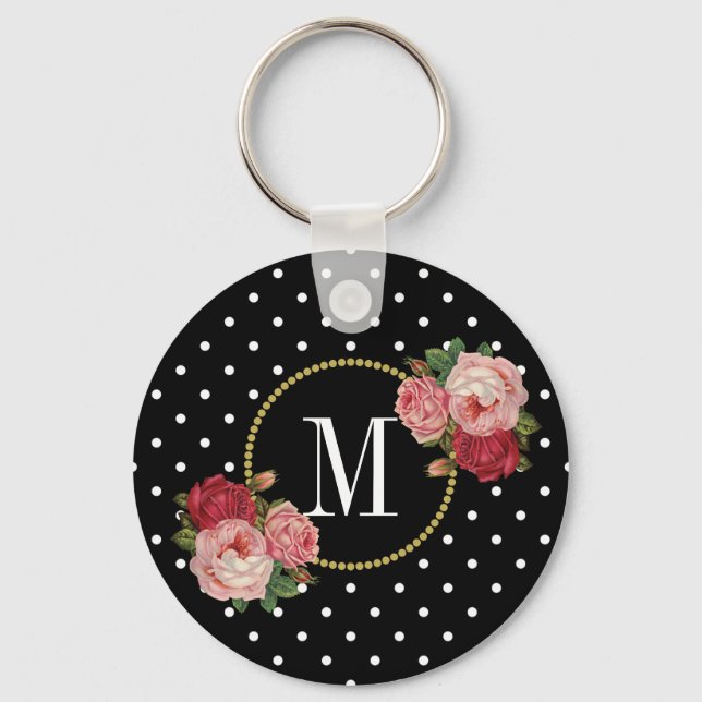 Stylish Black Vintage Floral Polka Dots Monogram Key Ring (Front)