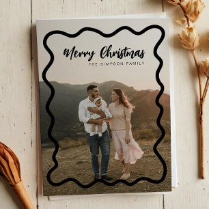 Stylish Black Wavy Border Frame Merry Christmas  Holiday Card