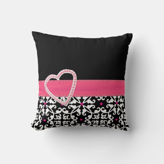 Stylish Black, White, and Pink Damask Pillow (Front)