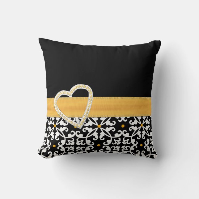 Stylish Black, White, and Yellow Damask Pillow (Front)