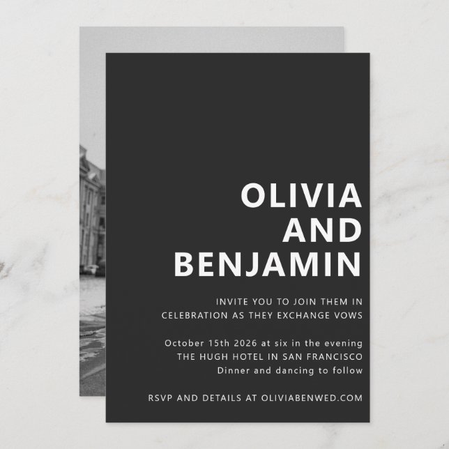 Stylish Black White Bold Typography Photo Wedding Invitation (Front/Back)