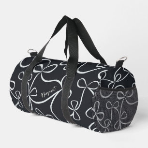 Stylish Black White Bow Pattern Custom Name  Duffle Bag