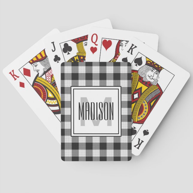 Stylish Black White Buffalo Plaid Pattern Monogram Playing Cards (Back)