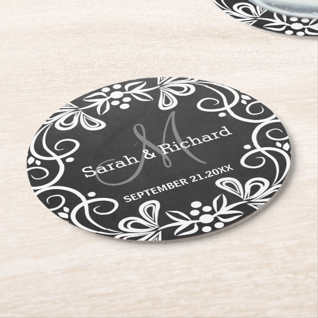 Stylish Black White Chalkboard Wedding Monogram Round Paper Coaster (Angled)