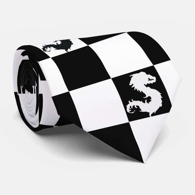 Stylish Black & White Checks Pattern & Dragon Tie (Rolled)