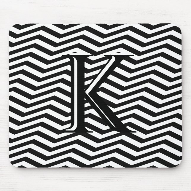 Stylish Black White Chevron Stripe Monogram Custom Mouse Mat (Front)